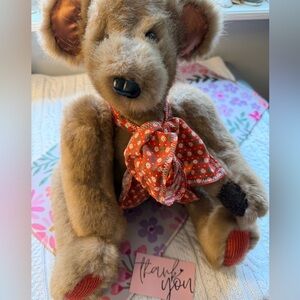 Adorable Brown Teddy Bear with Orange Floral Scarf